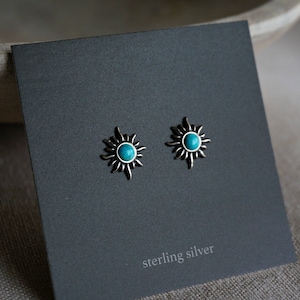 Sunburst Silver Stud Earrings, Turquoise Earrings, Boho Earrings, Birthday Gift, Anniversary Gift, Turquoise studs, turquoise jewelry image 2