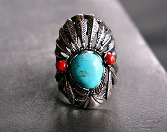 Indian Headdress Turquoise Ring Sterling Silver Gift for women December birthstone Turquoise Jewelry Native American ring Anniversary gift