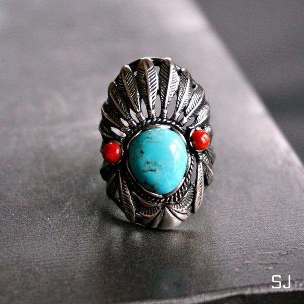 Indian Headdress Turquoise Ring Sterling Silver Gift for women December birthstone Turquoise Jewelry Native American ring Anniversary gift