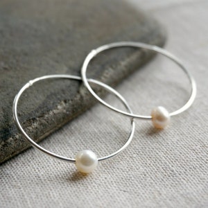 Sterling Silver Pearl Hoop Earrings, Freshwater Pearl Hoops, Elegant Silver Earrings for Women, Modern Bridal Jewelry, Gift for Her