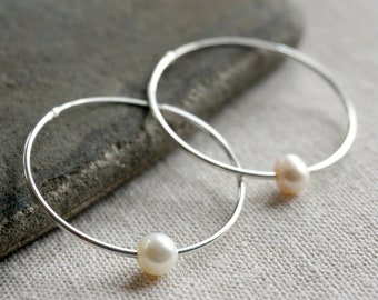 Silver hoop earrings, pearl hoops, large hoop earrings, silver earrings, pearl earrings, wedding earrings, sterling silver earrings