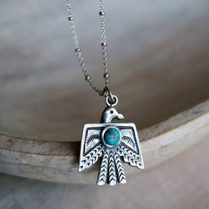 Thunderbird Turquoise Necklace, Sterling Silver Pendant, Native American Inspired Boho Jewelry, December Birthstone Gift
