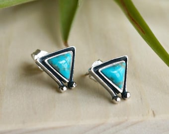 Turquoise Stud Earrings, Sterling Silver, Native American Inspired Boho Jewelry, December Birthstone Gift -Hanale