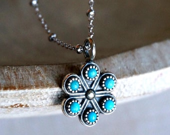 Collana con ciondolo a forma di fiore di iris e turchese in argento sterling, ispirata ai nativi americani, pietra portafortuna di dicembre, regalo per le donne