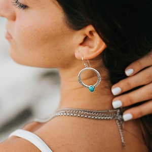 Moongate Silver Hoop Earrings, Turquoise Hoops, Large 925 Sterling Silver Earrings, Boho Statement Hoops, Anniversary/ Birthday Gift for Her