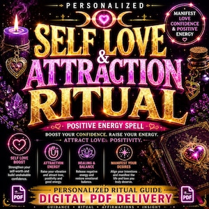 Op de afbeelding: Een digitale PDF-gids met de titel "SELF LOVE & ATTRACTION RITUAL". De afbeelding toont een kaars, kristallen en een flesje met een drankje. De gids belooft het zelfvertrouwen te vergroten, energie te verhogen en liefde en positiviteit aan te trekken.