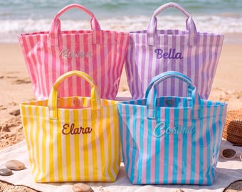 Borsa tote impermeabile a righe con nome ricamato personalizzato, borsa da spiaggia/piscina/nuoto personalizzata, borsa da viaggio per le vacanze estive, regalo per damigella d'onore.