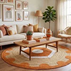 May include: A round jute rug featuring a geometric pattern in natural tan and burnt orange. The rug is placed in a living room with a cream-colored sofa, a wooden coffee table, a rattan chair, a floor lamp, and framed wall art prints.