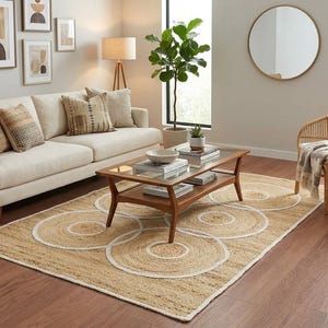 May include: A rectangular area rug made of natural tan jute fibres featuring a repeating pattern of large, concentric circles outlined in white thread. The rug is positioned on a wooden floor, serving as a foundation for a living room furniture set.