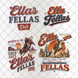 Puede incluir: Una colección de gráficos de estilo vintage con el texto "Ella's Fellas Club" en rojo y azul marino. Los diseños incluyen vaqueros montando toros y caballos, con paisajes desérticos y el texto "Desde 2023".
