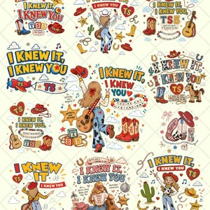 May include: A collection of eleven graphic illustrations featuring the text I KNEW IT, I KNEW YOU, TS, and TS5. The designs include cowboy boots, hats, acoustic guitars, cacti, horses, stars, hearts, and clouds in a colorful, multi-element composition.