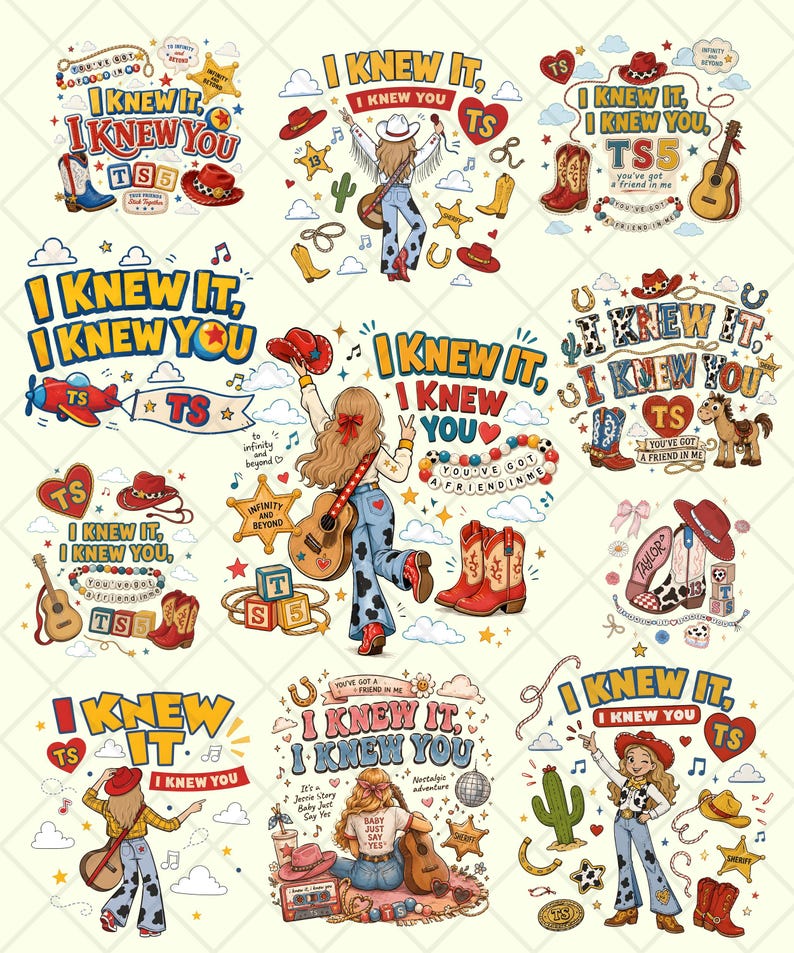 May include: A collection of eleven graphic illustrations featuring the text I KNEW IT, I KNEW YOU, TS, and TS5. The designs include cowboy boots, hats, acoustic guitars, cacti, horses, stars, hearts, and clouds in a colorful, multi-element composition.