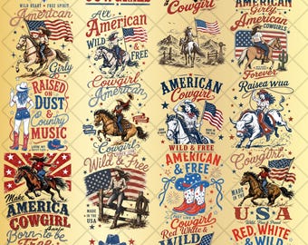 Cowgirl 4th of July PNG Bundle, American Cowgirl Patriotic Western PNG, Rodeo USA Independence Day Design, Red White Blue