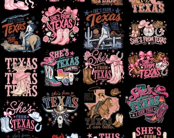 She’s From Texas PNG Bundle, Western Coquette Bow Design, Coastal Cowgirl PNG, Pink Cowboy Boots Hat Horseshoe, Vintage Texas Girl