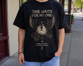 Time Waits For No One Gothic Tee | Winged Clock Vintage Streetwear Shirt