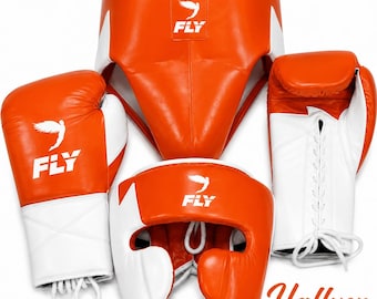 Profesjonalny zestaw do treningu bokserskiego ze skóry bydlęcej Fly, rękawice, kask, ochraniacz krocza, komplet