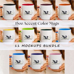 May include: A collection of eleven 15oz accent color mugs, each featuring a white exterior and a colored interior and handle. Each mug displays a black dragon illustration with the text "11 MOCKUPS BUNDLE" and "15oz Accent Color Mugs".