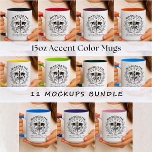 May include: Collection of 15oz accent color mugs with various handle and interior colors. Each mug features a crest design with the text "BASGIATH WAR COLLEGE". The image includes 11 mockups, showcasing different color combinations.