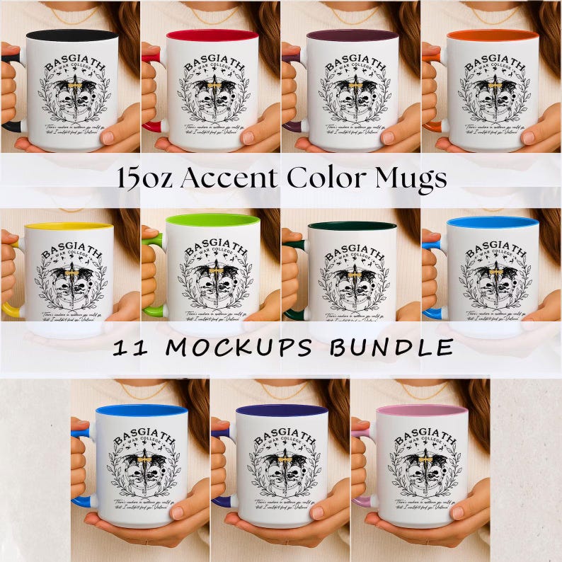 May include: Collection of 15oz accent color mugs with various handle and interior colors. Each mug features a crest design with the text "BASGIATH WAR COLLEGE". The image includes 11 mockups, showcasing different color combinations.