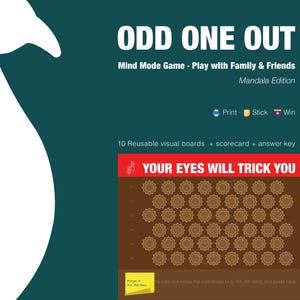 Könnte beinhalten: Ein dunkelblaugrünes Spielbrett mit dem Titel ODD ONE OUT Mandala Edition, einer Pfauensilhouette und dem Text YOUR EYES WILL TRICK YOU. Das Set enthält 10 wiederverwendbare visuelle Spielbretter, eine Punktekarte und einen Antwortschlüssel.