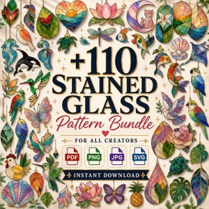 Puede incluir: Imagen de un paquete de más de 110 patrones de vidrieras, con diseños de aves, mariposas y criaturas marinas. El texto dice "+110 STAINED GLASS Pattern Bundle" con iconos de formatos de archivo PDF, PNG, JPG y SVG.