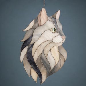 May include: Stained glass cat profile in shades of gray, cream, and black. The cat's eye is a light green, and the nose is pink. The piece is designed to hang, with a metal wire at the top. The cat's fur is layered.