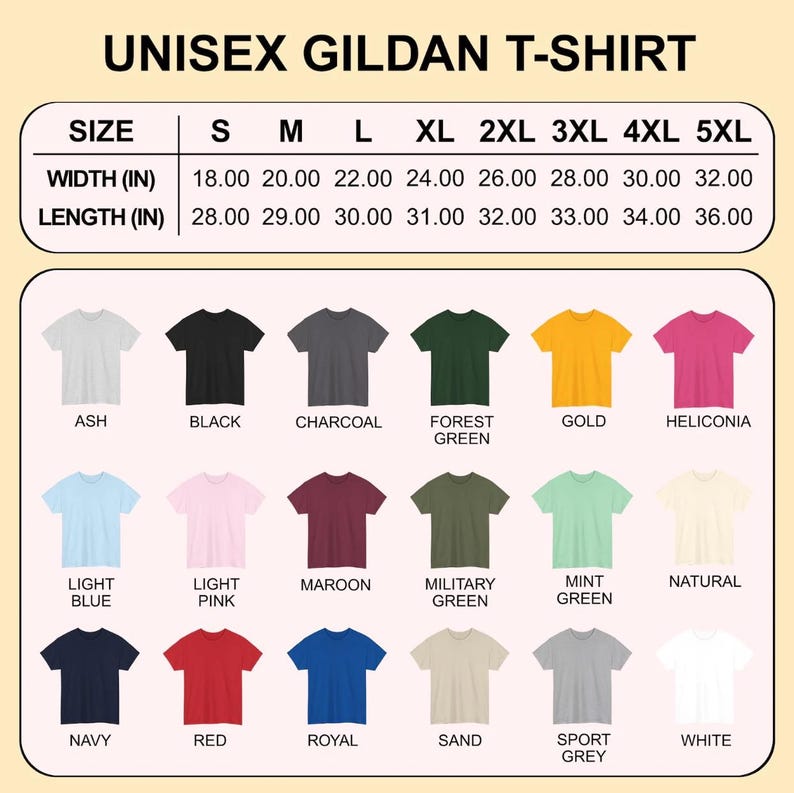 Pode incluir: Tabela de camisetas unissex Gildan em v&aacute;rias cores, incluindo cinza, preto, carv&atilde;o, verde floresta, ouro e helic&ocirc;nia. Mostra medidas de largura e comprimento em cm para tamanhos S a 5XL.