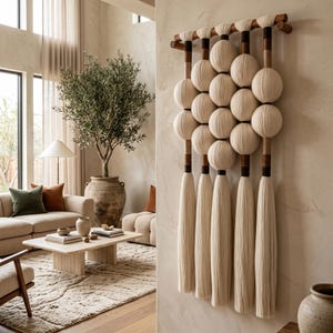 May include: A wall hanging featuring a series of cream-colored yarn spheres arranged in a grid pattern, suspended from a horizontal wooden rod. The design includes five long, vertical cream-colored yarn tassels hanging from the bottom.