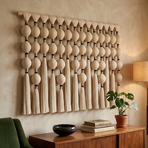 Könnte beinhalten: Ein Wandbehang mit einer Reihe vertikaler Stränge, die an einer Holzstange hängen. Jeder Strang besteht aus abwechselnden cremefarbenen Stoffkugeln und langen Quasten, wobei kleine schwarze Akzente die einzelnen Elemente trennen.