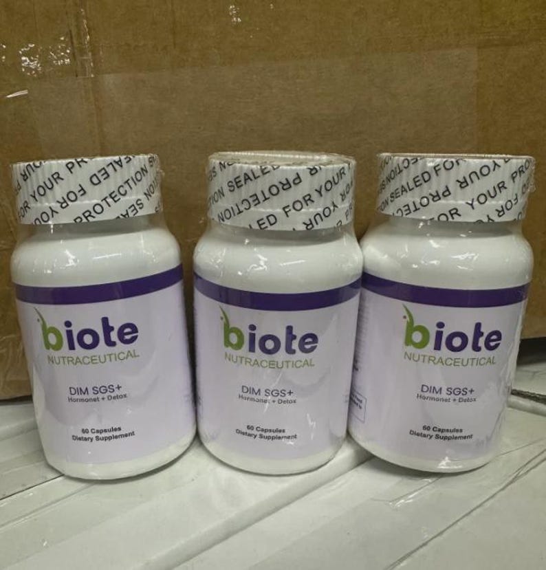 May include: Three white supplement bottles with purple and green labels. The labels read "biote NUTRACEUTICAL" and "DIM SGS+ Hormone + Detox". Each bottle has a white cap with a seal that reads "SEALED FOR YOUR PROTECTION".