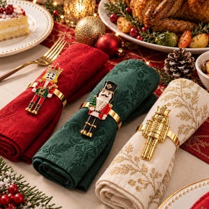 May include: Three rolled cloth napkins in red, dark green, and cream, each secured with a metal nutcracker napkin ring. The red napkin features a colorful nutcracker, the green one a nutcracker holding a tree, and the cream one a gold nutcracker.