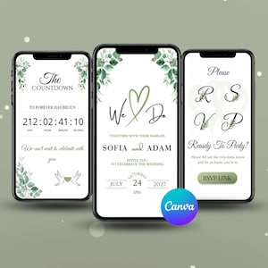 May include: Three smartphones displaying digital wedding invitation screens with white backgrounds, green eucalyptus leaf accents, and black text. The screens show a countdown timer, wedding details for Sofia and Adam, and an RSVP link button.