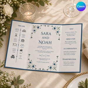 May include: A tri-fold wedding invitation card featuring dark blue text and floral accents. The center panel displays the names Sara and Noah, the date August 23, 2026, and event details. The left panel shows a timeline, and the right panel lists venue, dress code, accommodation, and transportation information.