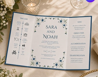 Invitación de boda desplegable tipo gatefold, programa de boda tríptico, plantilla editable de Canva, descarga instantánea.