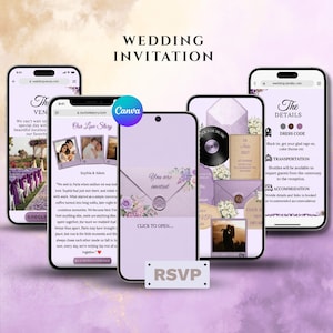 May include: Five smartphones display a digital wedding invitation suite with a light purple color scheme. The screens show various pages including Our Love Story, an envelope with a wax seal, event details, and a dress code. A small RSVP tag is centered.