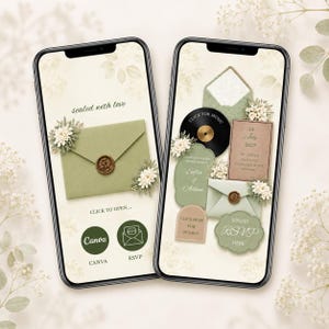 May include: Two smartphones displaying a digital wedding invitation suite. The screens feature sage green envelopes with wax seals, floral accents, and text including "sealed with love," "Click for music," "24 July 2027," "Sofia & Adam," and "RSVP."