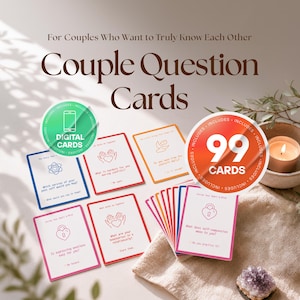 Puede incluir: Un juego de tarjetas de preguntas para parejas con bordes coloridos e iconos de línea. El texto dice For Couples Who Want to Truly Know Each Other, Couple Question Cards, 99 CARDS y DIGITAL CARDS. Las tarjetas incluyen varias preguntas.