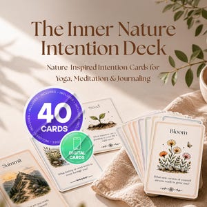 May include: A deck of nature-inspired intention cards for yoga, meditation, and journaling. The cards feature botanical illustrations and the word "Bloom." A circular sticker indicates the deck includes 40 cards and digital cards.