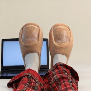 May include: Novelty toe slippers in a light brown colour with a realistic toenail design. The slippers are worn with red and black plaid pyjama trousers. A laptop with a blank screen is in the background.