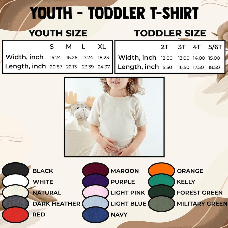 Puede incluir: Una tabla de tallas de camisetas para j&oacute;venes y ni&ntilde;os peque&ntilde;os con medidas de ancho y largo en pulgadas para tallas S, M, L, XL y 2T, 3T, 4T, 5/6T. La imagen incluye una foto central de un ni&ntilde;o con camiseta y una paleta de quince colores.