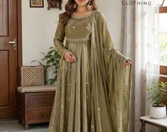 Green Heavy Sequence Work Full Flared Anarkali Gown Dupatta 3PC Set,Mahendi Outfit, Wedding Gown Pakistani Gown Long Kurti Indian Wedding Pa