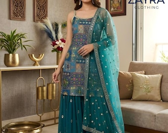 Pakistani Blue Designer Heavy Salwar Kameez with Dupatta 3pc set Readymade ,Blue Sharara, Pakistani suit ,Punjabi wedding dress ,Embroidered