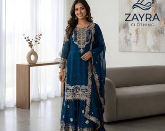 Indian Designer Blue Georgette Embroidered With Sequence Work Salwar kameez with Dupatta, Blue Sharara,Wedding Sharara, Party Wear Dress, In
