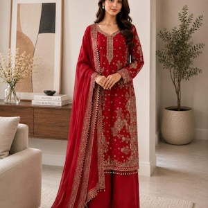 red dress design in pakistan Embellished Red Pakistani Dress with Gharara Online 2022 MEDIUM