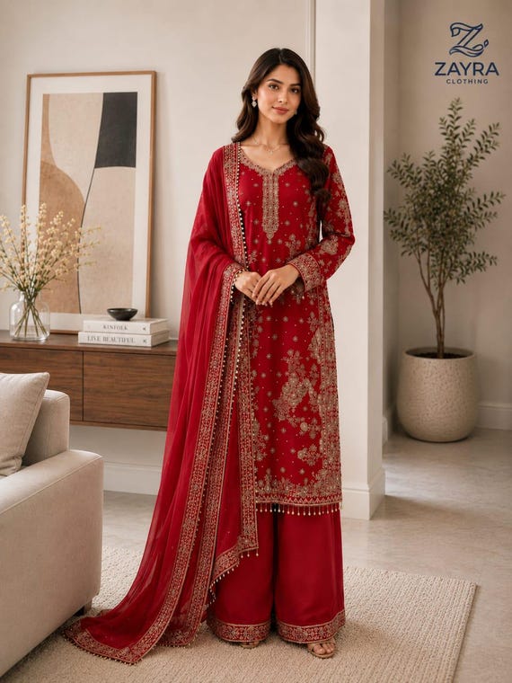 Designer Latest Red Stylish Embroidered with Sequence Work Salwar Kameez With Dupatta, Wedding Suits, Punjabi Suits,Pakistani Suit, Party We