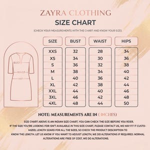 May include: A Zayra Clothing size chart with a rose gold color scheme. It features a diagram of a dress with bust, waist, and hip indicators. A table lists sizes from XXS to 4XL with corresponding measurements in inches. Text notes measurements are in inches.