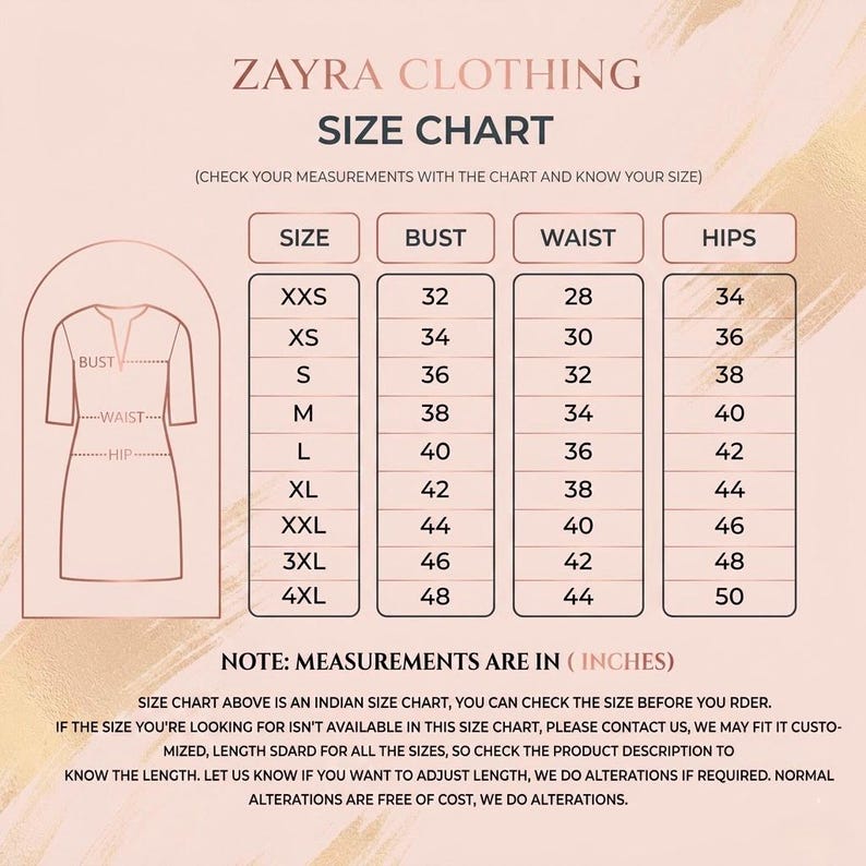 May include: A Zayra Clothing size chart with a rose gold color scheme. It features a diagram of a dress with bust, waist, and hip indicators. A table lists sizes from XXS to 4XL with corresponding measurements in inches. Text notes measurements are in inches.