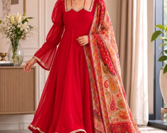 Red Fully Stitched Kurta Palazzo With Embroidered Dupatta Set, 3 Piece Combo Set, Salwar Kameez Readymade, Indian Bollywood Anarkali Kurta S