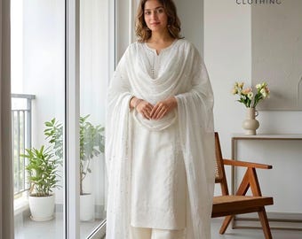 Designer White Embroidered Kurta Palazzo Suit with Dupatta,White Salwar Kameez, Party Wear Dress,Pakistani Suit