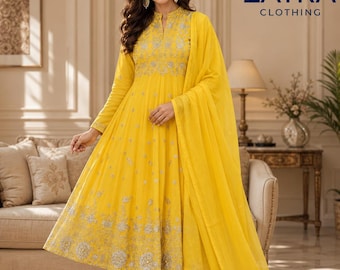 Designer Yellow Flared  Anarkali Gown, Pakistani Embroidered Sequence Work Salwar Suit Wedding Festival Gown, Indian Designer Anarkali Kurta
